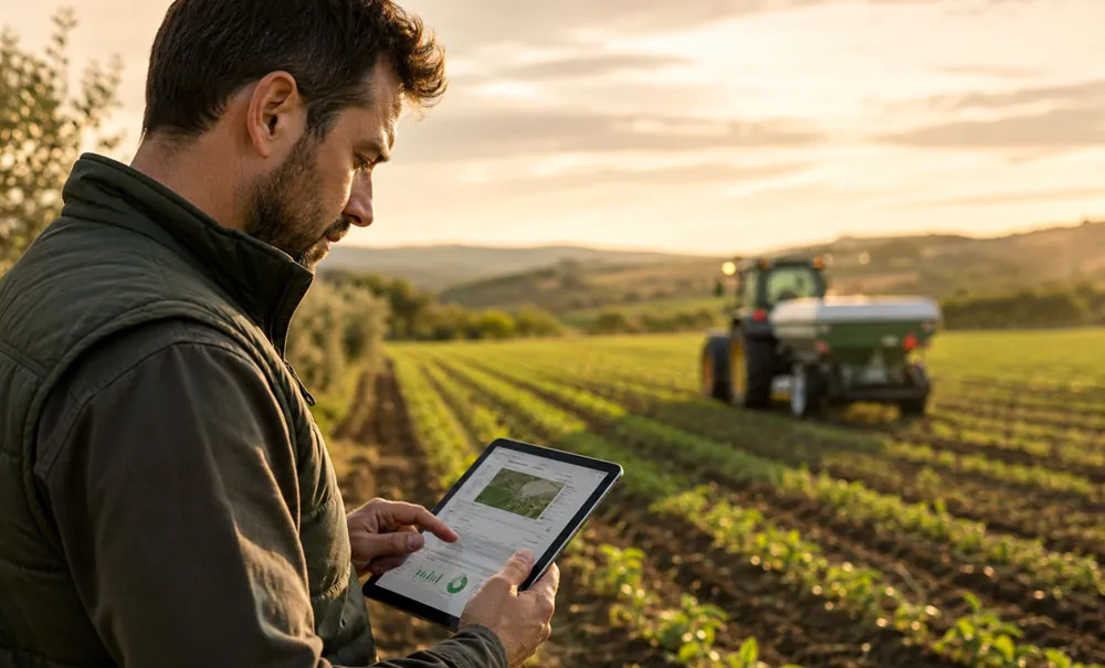 Agrónomo tomando datos a pie de campo